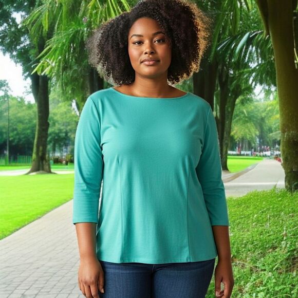 Laura Byrnes Zipper Back Top 4X Plus Size Blouse Aqua Pinup Girl Jersey Knit - Picture 14 of 16